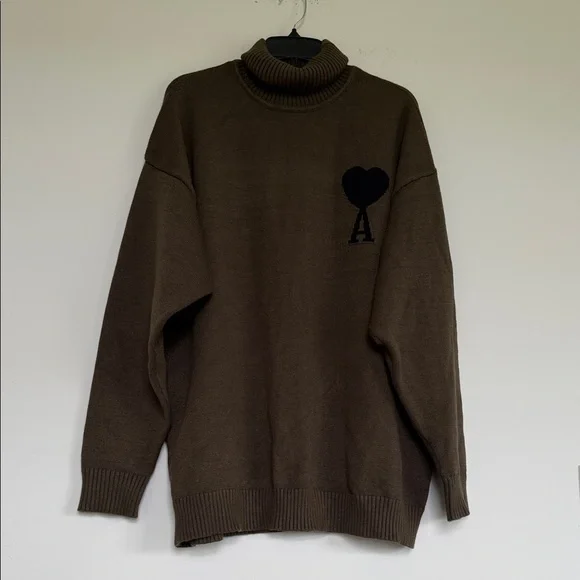 Ami Alexandre Mattiussi Green Turtleneck Sweater with Heart Detail